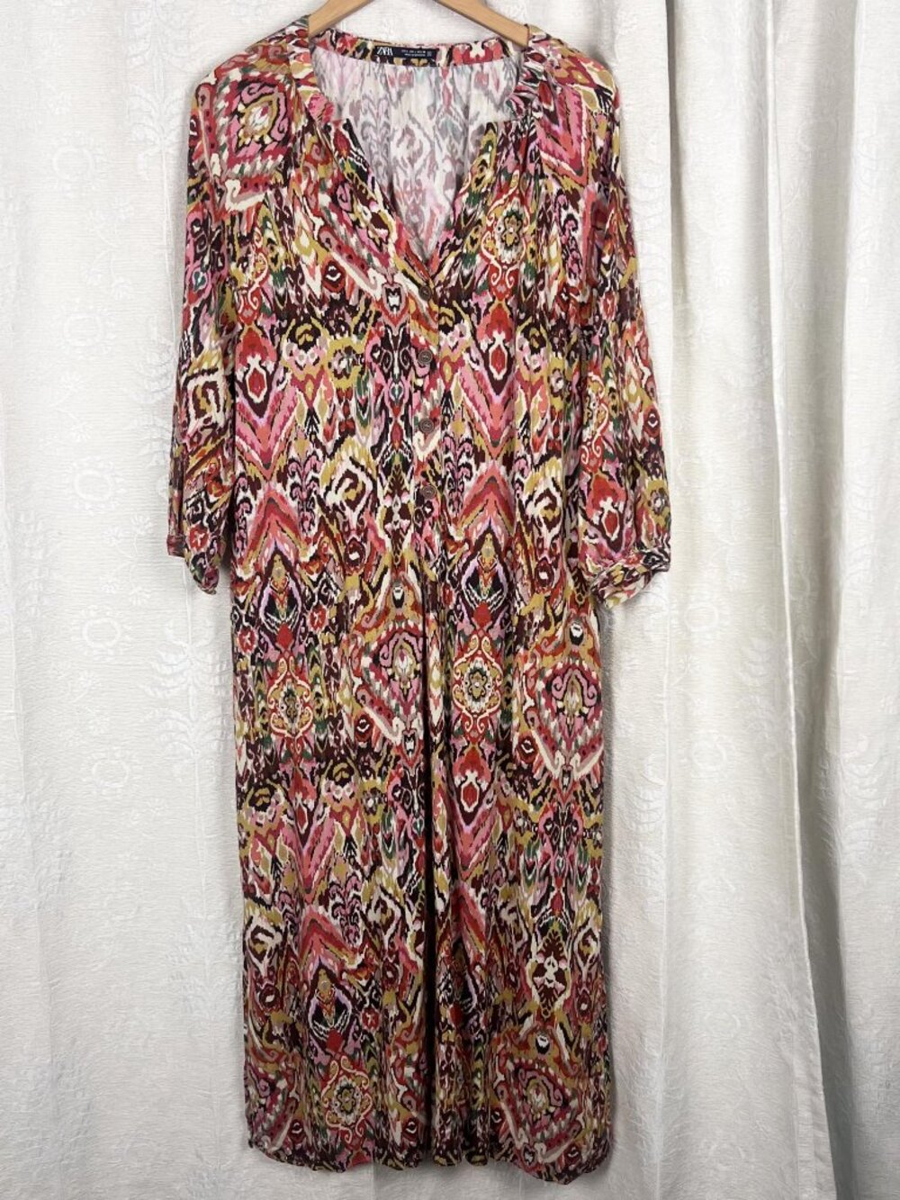 Zara ikat swirl caftan maxi dress side slit flowy boho colorful linen blend L - Picture 2 of 9